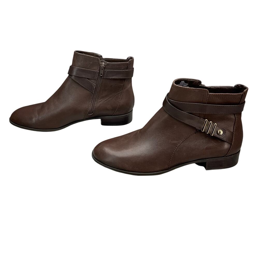 Anne Klein Kael Brown Leather Side Zip Buckle Strap Ankle Boots Women 9.5 - Picture 3 of 8